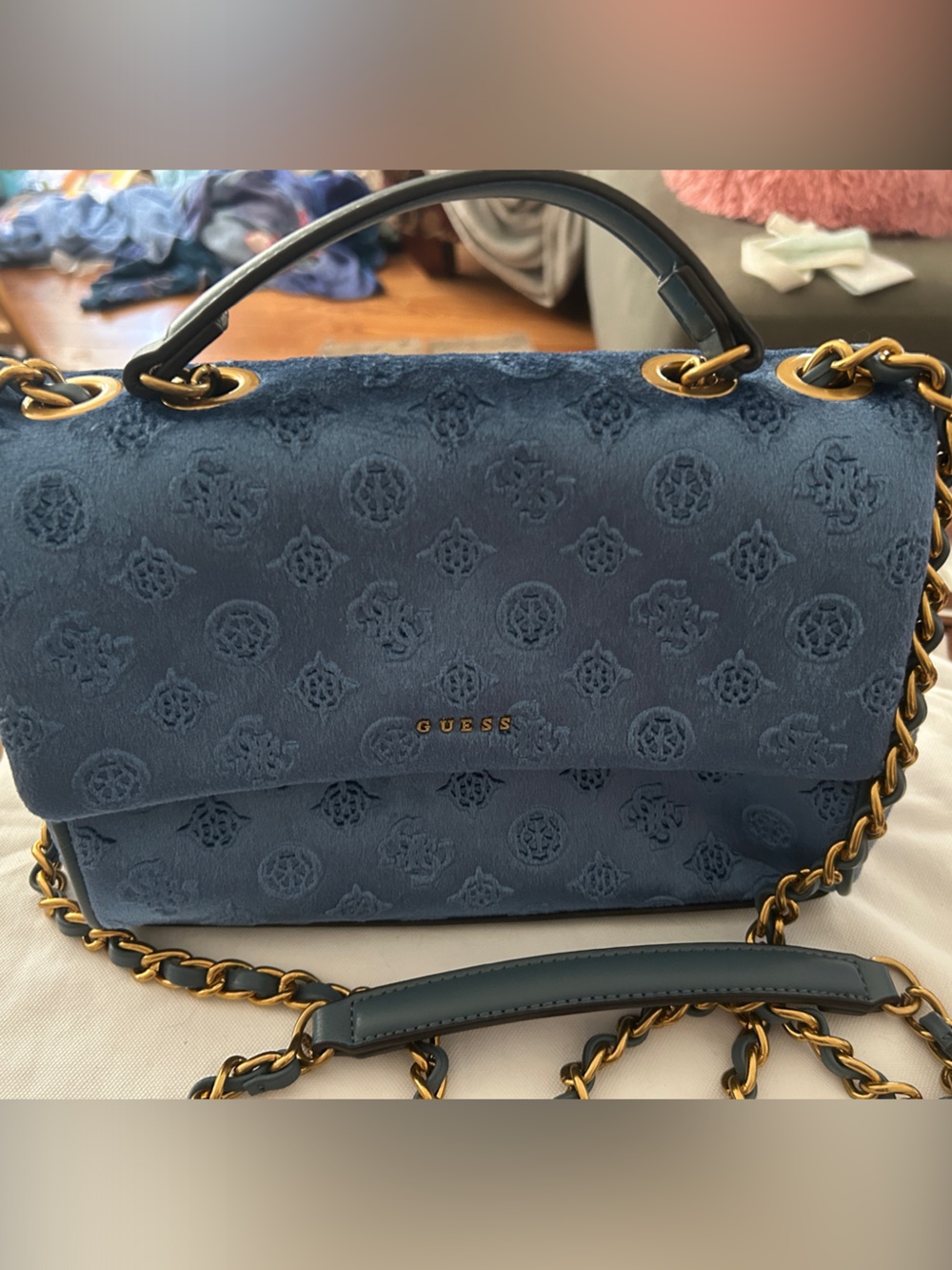 Guess Inia Velvet Convertible Crossbody Shoulder Bag blue Monogram Logo